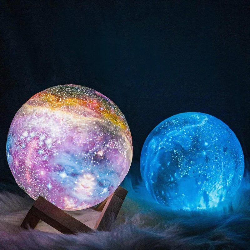 3D Galaxie Maanlamp met Houten Standaard Draadloos Dimbaar Sfeerverlichting Nachtlampje Tafelverlichting 16 Kleuren LED | Sansoti