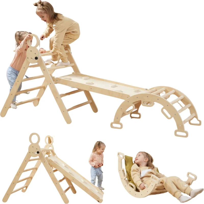 Livista Houten Klimrek - Pikler Driehoek met Glijbaan - Klimboog voor Binnen - Baby Speeltoestel - Hout Peuter Speelgoed - Leerzame Klimdriehoek
