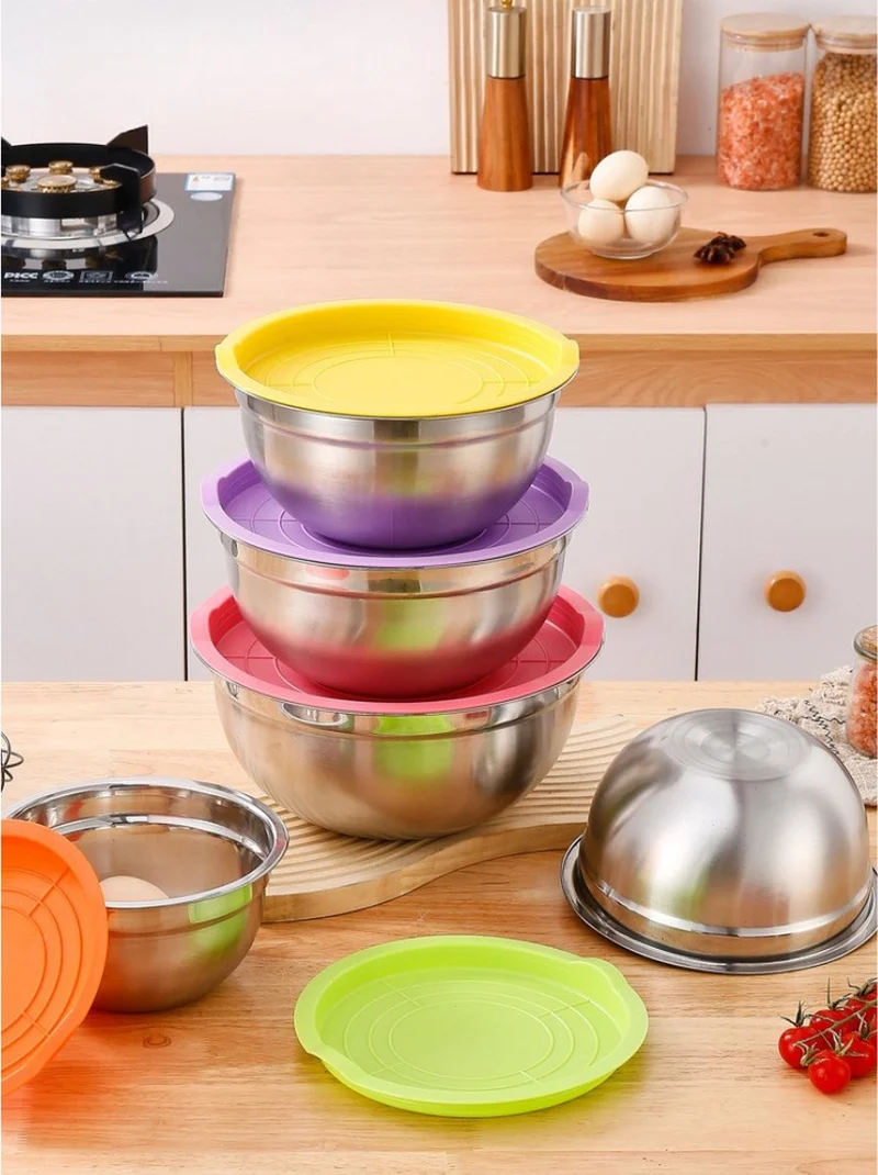 Livista® RVS Mengkommen Set - 5-delig - Saladeschalen en Keukenkommen - Verstevigd en Duurzaam - Antislip Siliconen Bodem - Inclusief Deksel