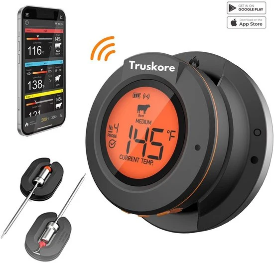 Truskore Vleesthermometer - Smart BBQ Thermometer - Inclusief Bluetooth, App & 2 Meetsondes
