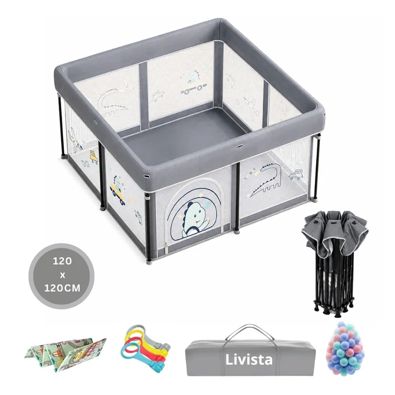 Livista Baby Grondbox – Opvouwbaar Babybox – 120x120x65 cm – Speelbox – Inclusief Speelmat, 60 Ballen en 4 Trekringen – Opbergtas – Ademend & Transparant Gaas – Compact Inklapbaar – Grijs