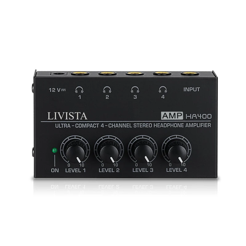 Livista Audio Versterker 4 Kanaals – Hoofdtelefoonversterker – Audio Splitter 4 Weg – 6,35 mm Jack – Microfoon & Instrument Versterker – Studio Audio Hub