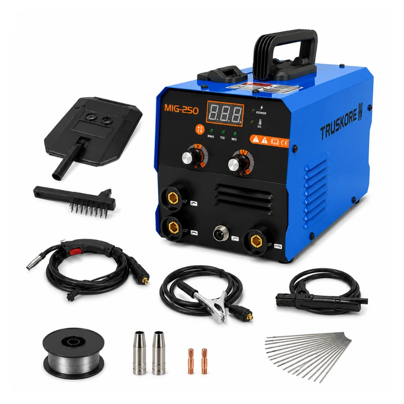 TRUSKORE MIG-250 Lasapparaat – 3-in-1 MIG/MMA/Lift TIG – 20-120A – Meerproceslaser– IGBT Inverter – Compact Inverter Lasmachine – LED Display – Blauw
