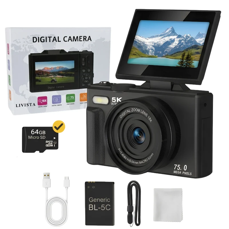 Livista Digitale Camera 5K - 75MP - 18X Digitale Zoom - WiFi - 3.0" UHD-display - Fototoestel - Mini Camera - Fotocamera - Compact Camera - Incl. 64GB SD Kaart - Vlog Camera voor Kinderen