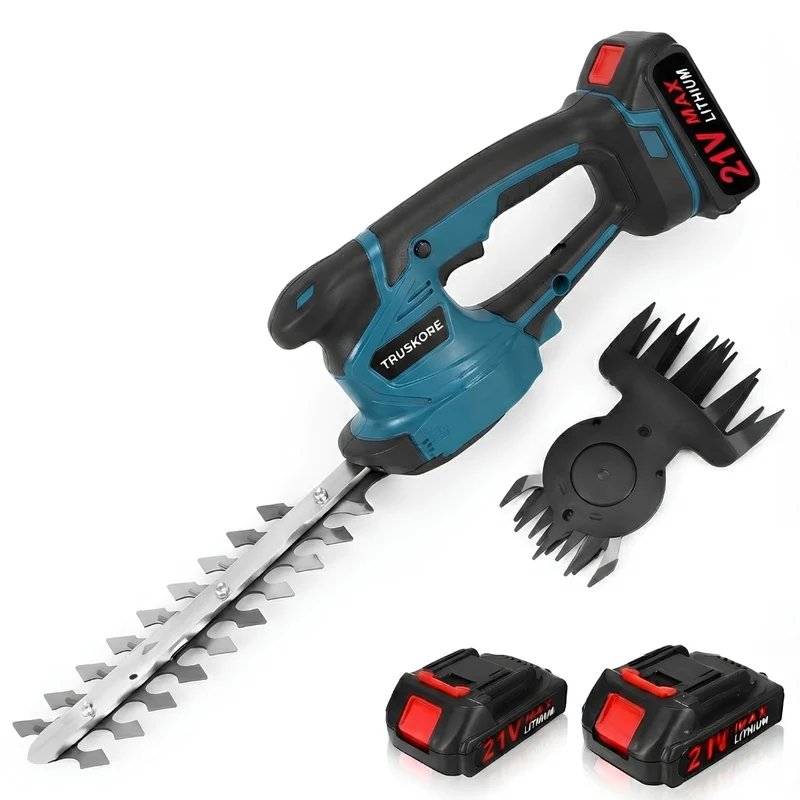 Truskore Accu Heggenschaar - - Elektrische Grasschaar - Draadloze Snoeischaar - Heggenknipper - Incl. Buxusschaarmes & Grasschaarmes - 2 Accu's - Blauw