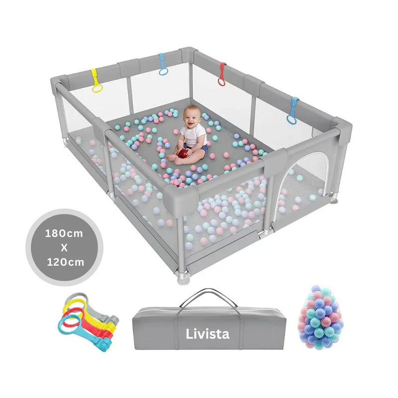 Livista Grondbox - Speelbox - Baby boxen - Kruipbox voor Baby - Playpen - Kinderbox - Met 4 optrek-handringen + 60 speelballen - Met trekring - 120 x 180 x 65cm - Grijs