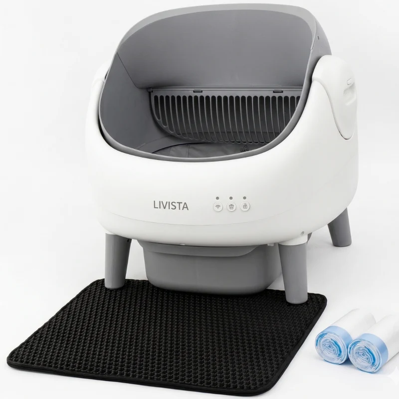 Livista Automatische Kattenbak - Zelfreinigende Kattenbak - Elektrische Kattenbak - Inclusief App - 76L XXL - Met Kattenbakmat en 2 Rollen Opvangzakjes - Geurfilter - Open Design - Wit