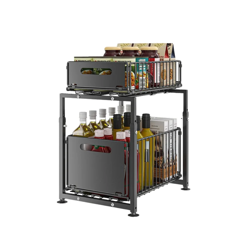 Livista Uittrekbare Organizer – In hoogte verstelbaar – 2-laags Opbergrek – voor Keuken, Badkamer & Kast – Max. 10 kg – Gladde Glijdende Lades – Antislip – Zwart