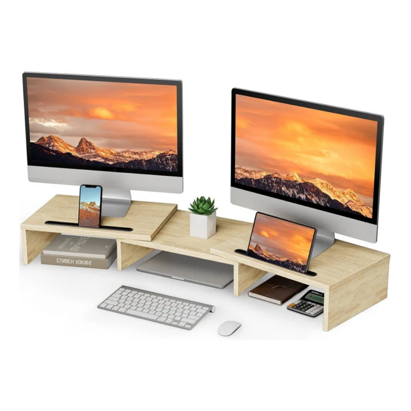 Livista Monitor Verhoger & Standaard – Geschikt voor 1 of 2 Schermen – Verstelbaar Bureau Organizer – Houtkleurig