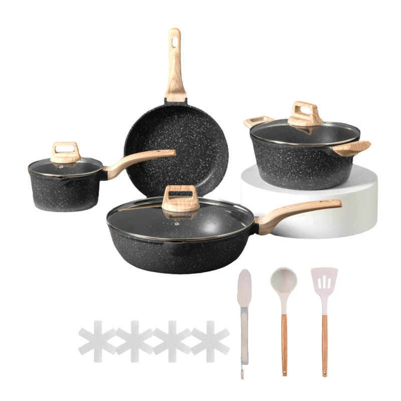 Livista Pannenset 14-delig – Wokpan, Koekenpan, Soeppan & Steelpan – Inclusief Keukengerei – – Makkelijk Schoon te Maken – Geschikt voor Inductie – Zwart
