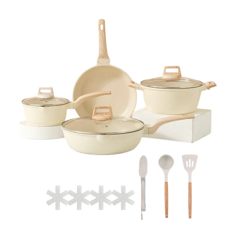 Livista Pannenset 14-delig – Wokpan, Koekenpan, Soeppan & Steelpan – Inclusief Keukengerei – – Makkelijk Schoon te Maken – Geschikt voor Inductie – Beige