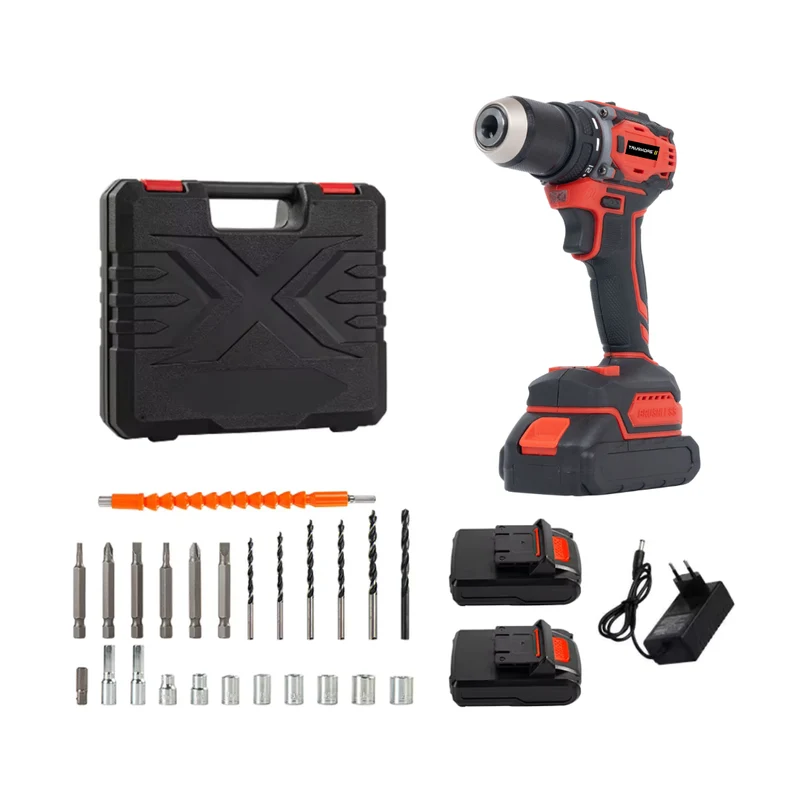Truskore Borstelloze Boormachine – 2x 2000mAh Accu – Traploze Snelheid – Koperen Motor – Inclusief Accessoires – Rode