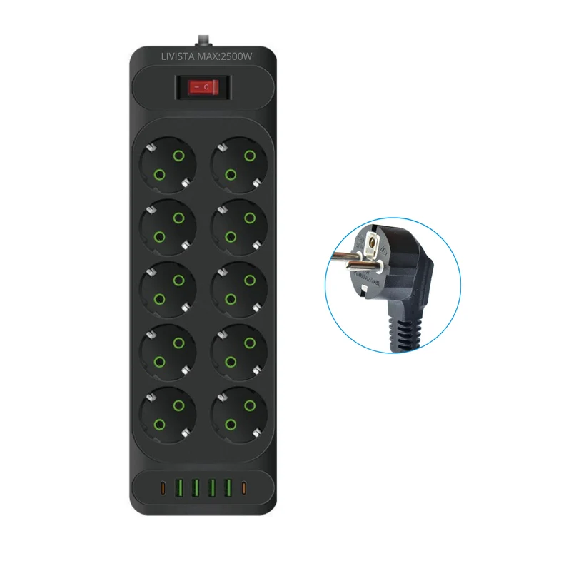 Livista Stekkerdoos – met Schakelaar 16-voudig – 2 Meter Verlengsnoer – 2500W– USB & USB-C – Overspanningsbeveiliging – Zwart