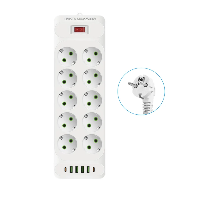 Livista Stekkerdoos – met Schakelaar 16-voudig – 2 Meter Verlengsnoer – 2500W– USB & USB-C – Overspanningsbeveiliging – Wit