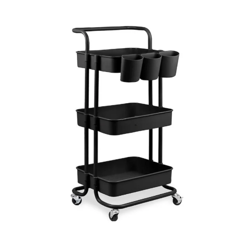 Livista Opbergtrolley met Wielen – 3-Laags Metalen Opbergwagen –met 3 Hangmanden – Multifunctioneel– Zwart