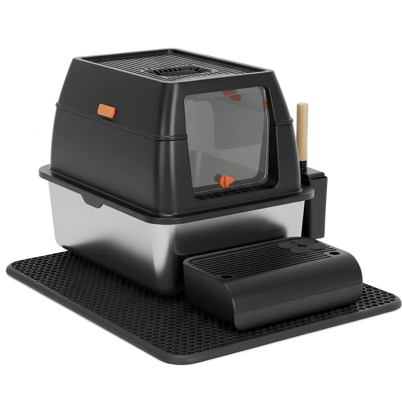 Livista RVS Kattenbak - Kattentoilet Roestvrijstaal - Incl. Kattenbakschep met Houder en Gritopvang Opstapje - 2 in 1 Open Kattenbak met Afneembare Deksel - 60x40x38cm - Zwart