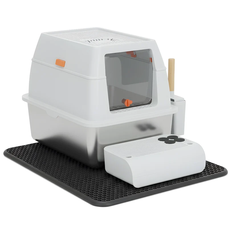 Livista RVS Kattenbak - Kattentoilet Roestvrijstaal - Incl. Kattenbakschep met Houder en Gritopvang Opstapje - 2 in 1 Open Kattenbak met Afneembare Deksel - 60x40x38cm - Wit