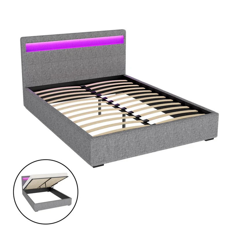 Tweepersoons Bedframe met Gaslift Opbergruimte en LED Hoofdbord – Grijs Gestoffeerd 140x190 cm | Sansoti