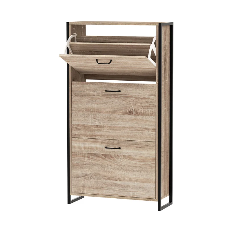 Schoenenkast met Organiser en 24 Paar Opbergcapaciteit – Houten Front en Metalen Frame | Sansoti