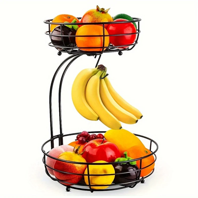 2-laags fruitmand met bananenhouder van metaal voor keuken, aanrecht en opbergen | Sansoti