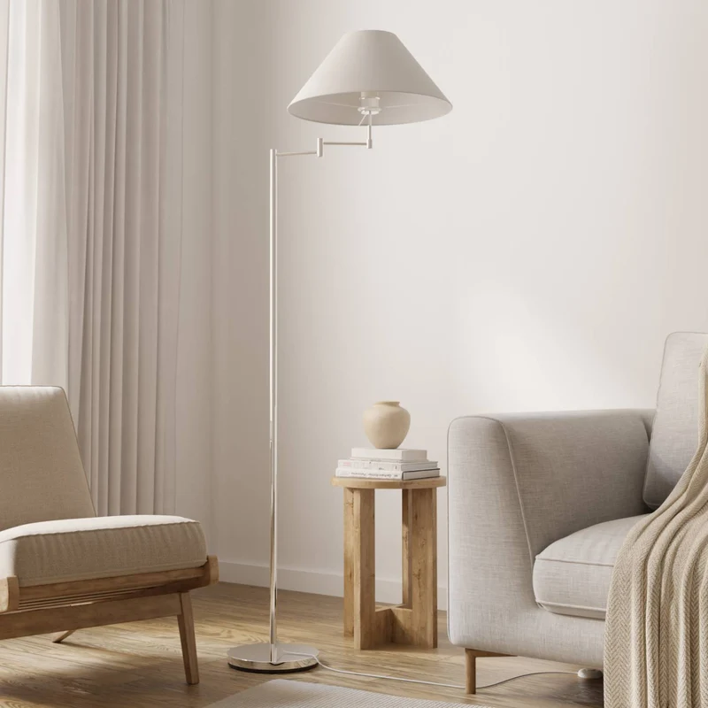 Elegante chromen vloerlamp met verstelbare arm en leesfunctie | Sansoti