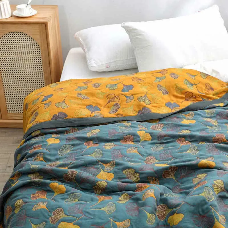 Bedsprei Katoen Ginkgo Print 200x230 Geel Blauw Slaapkamer Quilt Omkeerbaar Deken Sprei Tweepersoons Plaid Bed Woondecoratie | Sansoti