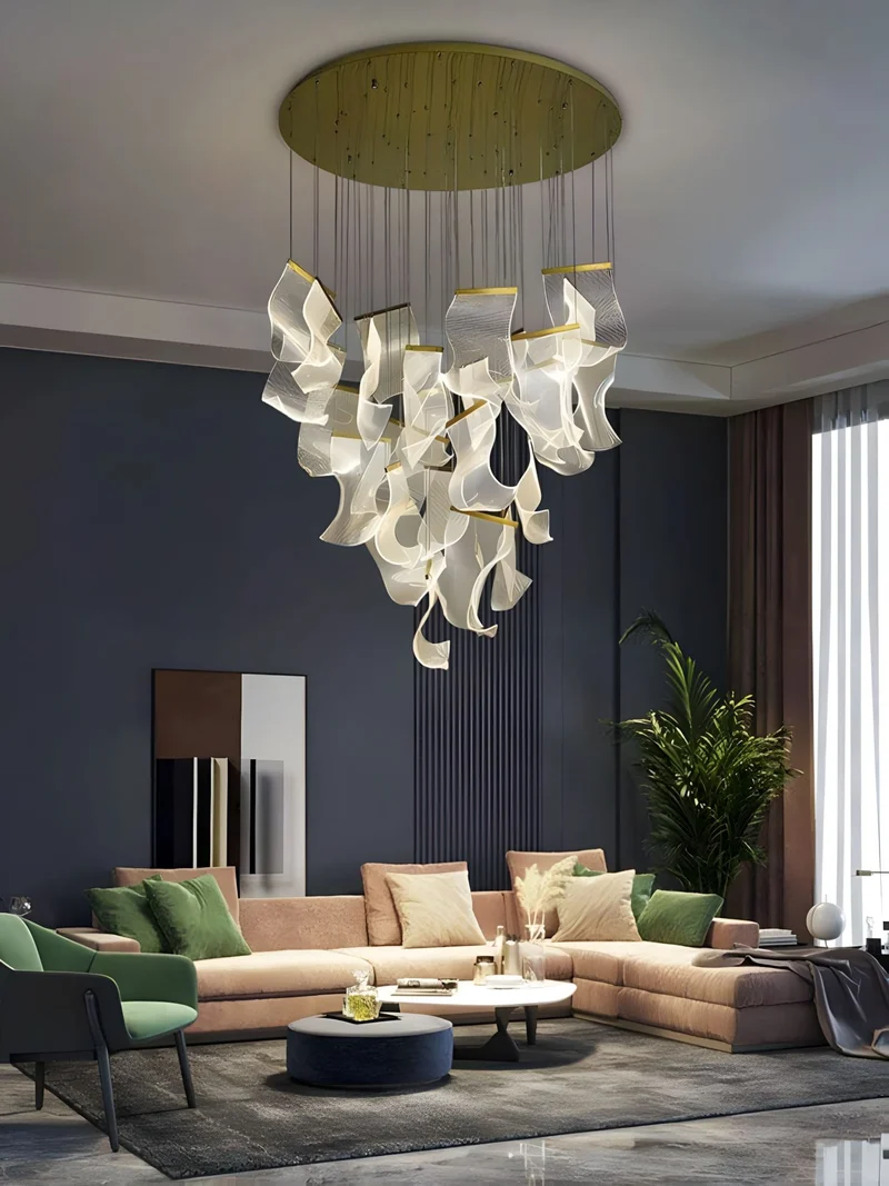 Moderne Design Kroonluchter Met Gelaagde Acryl Bladen En Verstelbare Hoogte | Sansoti