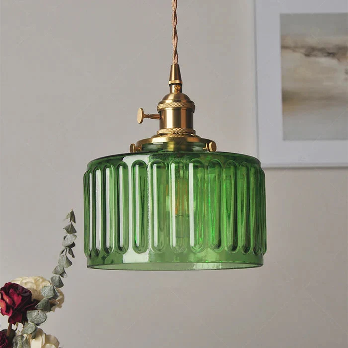 Groene Transparante Glazen Hanglamp Met Ribbelstructuur En Messing Fitting Vintage E27 Plafondlamp Voor Eetkamer Woonkamer En Keuken | Sansoti
