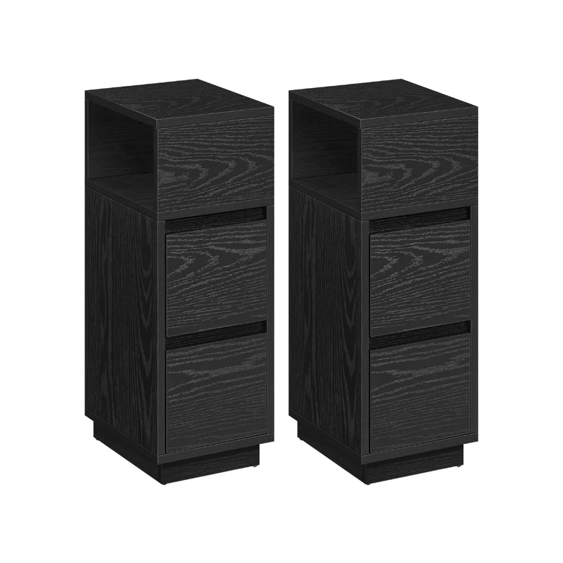 Livista Nachtkastjes – Set van 2 – Smalle Bijzettafels met 2 Lades – Flexibele Open Vakken – Ruimtebesparend – Voor Slaapkamer of Woonkamer – Zwart
