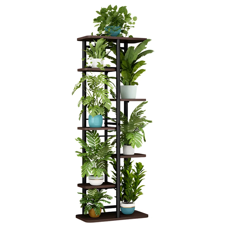 Livista plantenrek met 6 planken – Industrieel plantenrek van metaal & hout – Ruimtebesparend plantentoren voor binnen