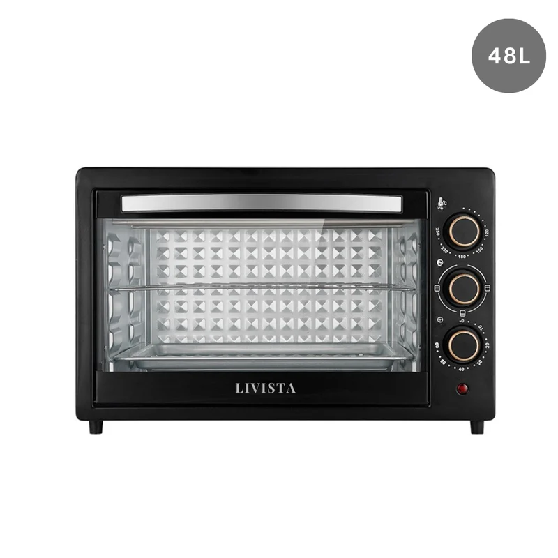 Livista® Vrijstaande Oven – 48L – Dubbele Verwarming – 120–250 °C – RVS Binnenkant – Gehard Glas – Perfect voor Bakken, Braden en Grillen