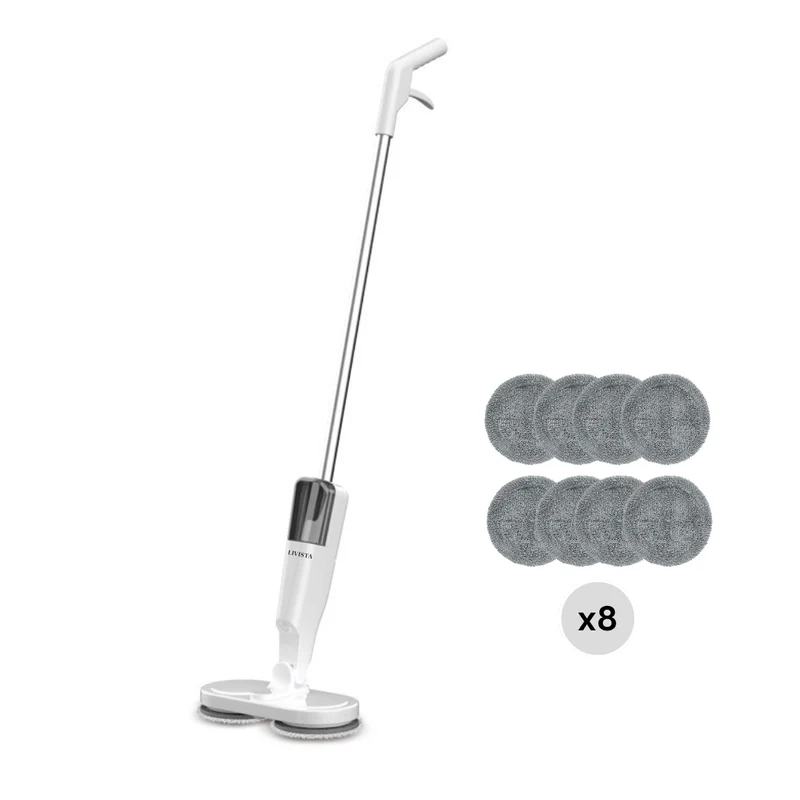 Livista® Elektrische Spray Mop – 300ML Waterreservoir – 45-60 min Werktijd per Oplaadbeurt – Droog & Nat Gebruik – 8 Microvezelpads – Draadloos Schoonmaken – Wit