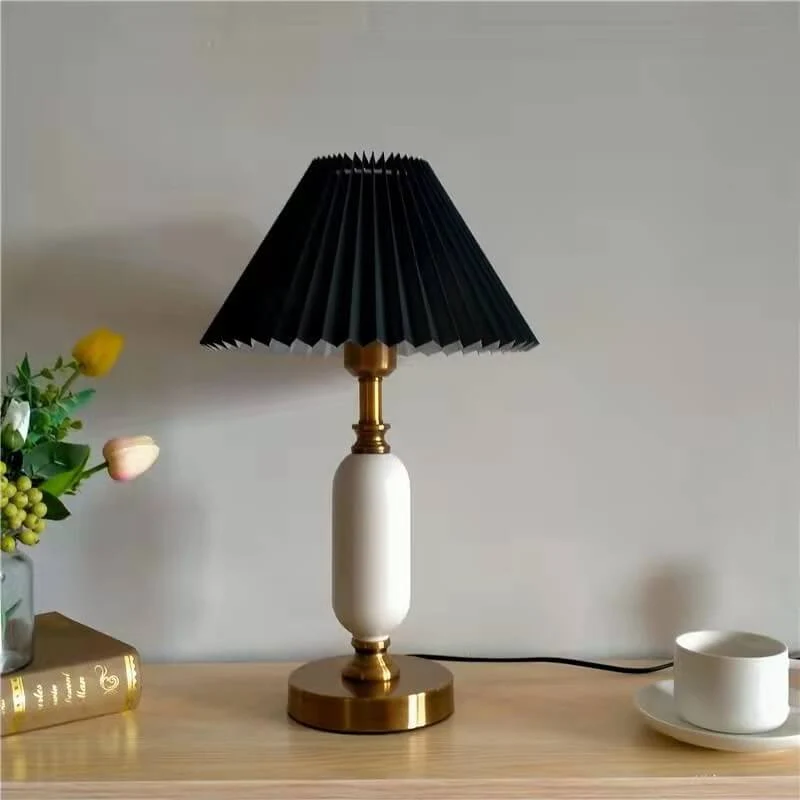 Tafellamp Geplooide Kap Metaal Goud Zwart Wit 28x46cm E12 Slaapkamer Woonkamer Retro | Sansoti