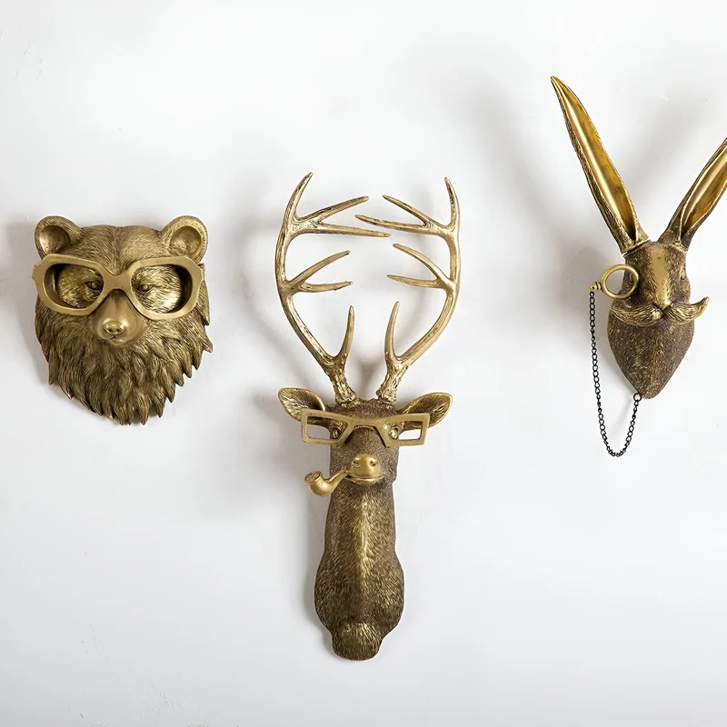 Wandhaak Dierenkop Goud Kapstokhaak Decoratie Wand Resin | Sansoti