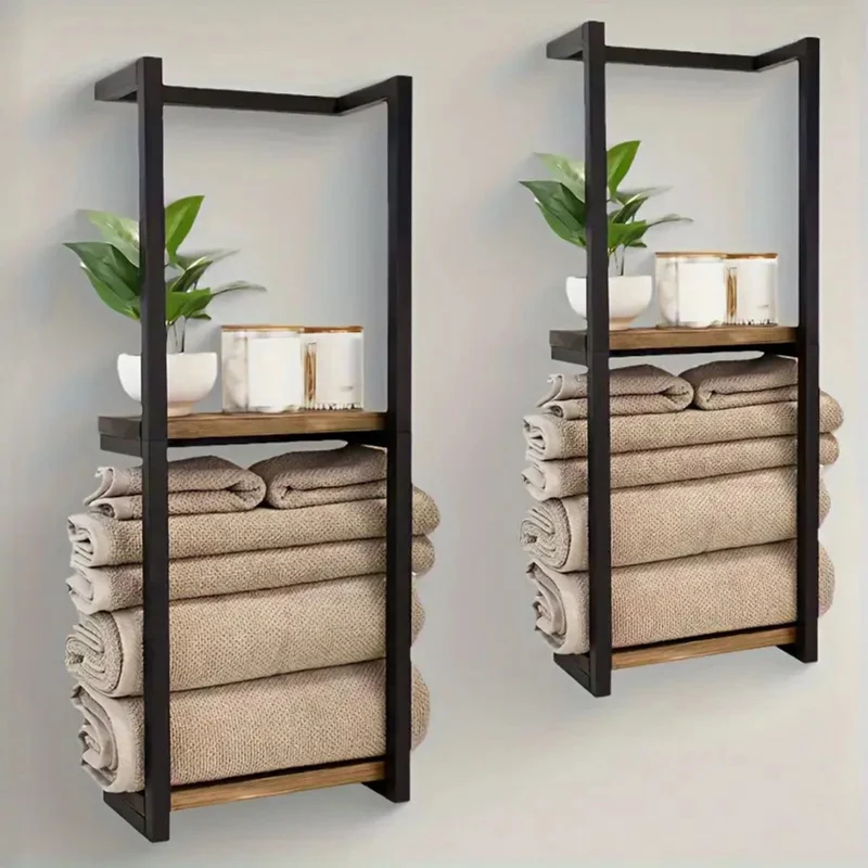 Livista Wandrek met 2 Houten Planken – Handdoekenrek & Opbergrek – Industrieel Design – Hout en Metaal – 77x28.5x14 cm