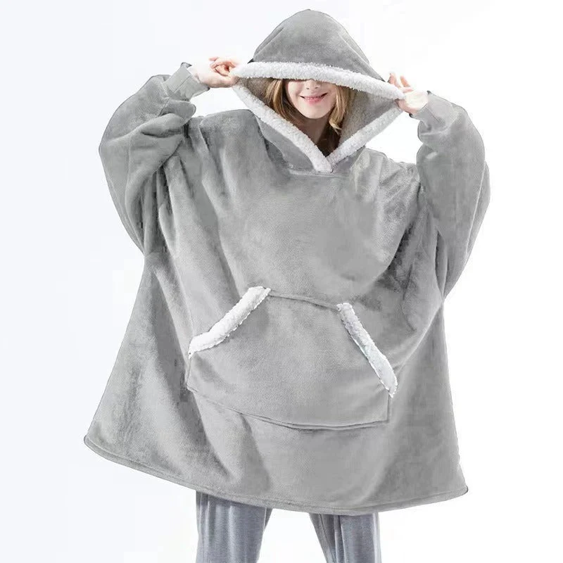 Oversized Sherpa Fleece Deken Hoodie Grijs Roze Zwart Blauw Geruit Rood Extra Warm en Zacht One Size Loungewear Huisdeken met Capuchon en Zakken | Sansoti