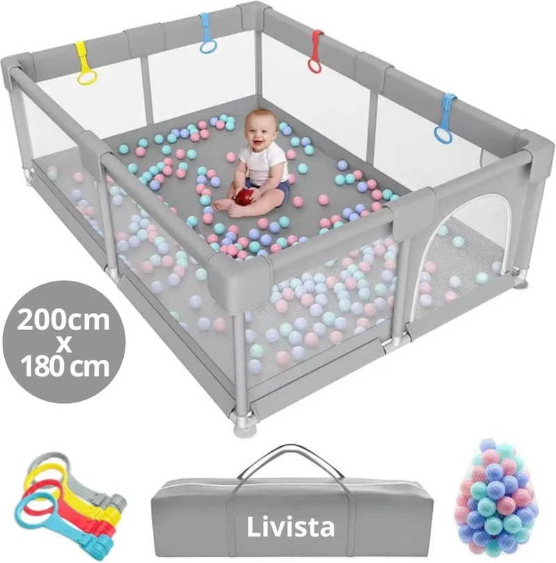 Livista Grondbox - Speelbox - Baby boxen - Kruipbox voor Baby - Playpen - Kinderbox - Met 60x Oceaan Ballen - Met trekring - 200 x 180 x 65cm - Grijs