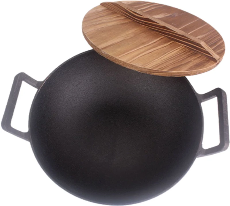 Livista Gietijzeren Pan – Ø36 cm – Met Houten Deksel – Verdikt Ontwerp voor Gelijkmatige Verwarming – Snelle Warmtegeleiding – Geschikt voor Alle Soorten Fornuizen – Multifunctioneel Koken