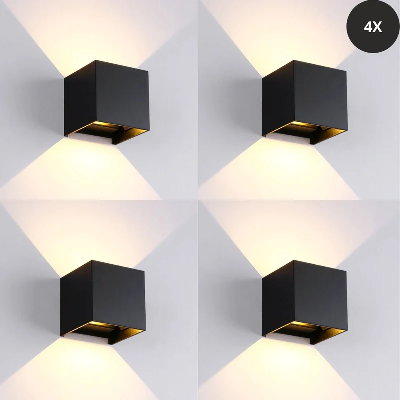 Livista® - LED Waterdichte Wandlamp Set van 4 - 12W - Verstelbare Lichthoek - Vierkant Design - Voor Binnen/Buiten Gebruik - Moderne Zwarte Wandlamp voor Woonkamer, Slaapkamer en Meer
