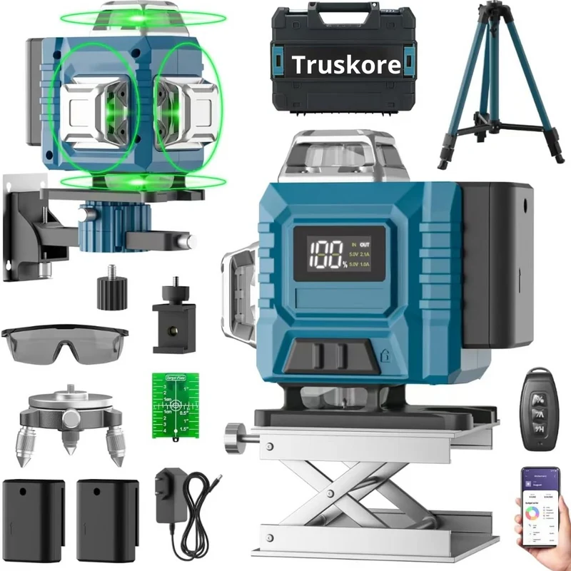 Truskore Kruislijnlaser Met Statief - 4 tot 16 Lijnen - 4D Professionele Bouwlaser - Zelfnivellerend - 360 Graden - Laser Waterpas - Lijnlaser - Complete set
