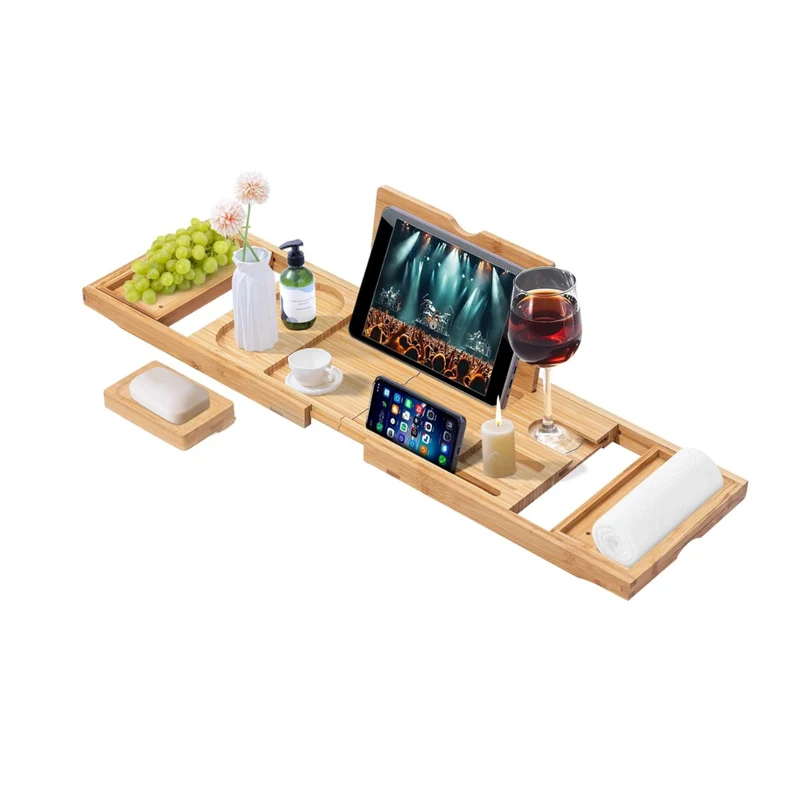 Livista Badplank Bamboe – Uitschuifbare Bad Caddy voor Badkuip – – Voor Badkuipen van 72–104cm – Badrek met Tablethouder, Telefoonhouder, Wijnglashouder – Antislip – Compact Opvouwbaar (36cm)
