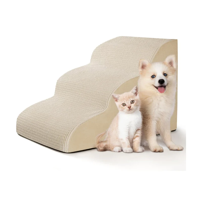 Livista Hondentrap – 3 Treden – Hondentrap voor Bank en Bed – - Honden Opstapje – Antislip – Comfortabel Schuim 30D – Afneembare Wasbare Hoes – Beige