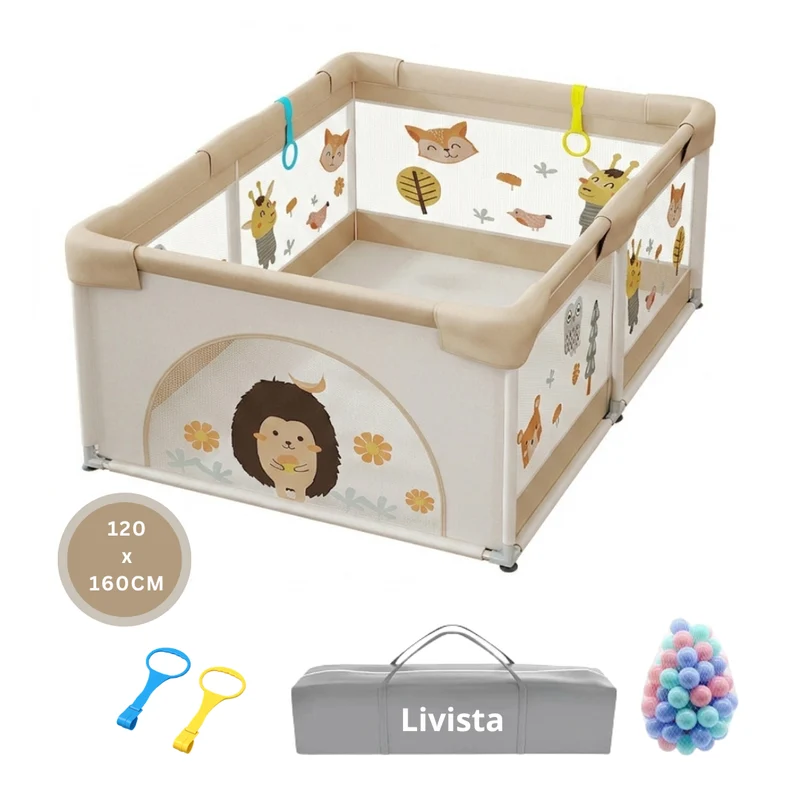 Livista Grondbox Baby - 120x160cm - Met Speelmat, 60 Speelballen, 2 Trekringen - Kinderbox - Speelbox - Playpen - Met Draagtas - Beige