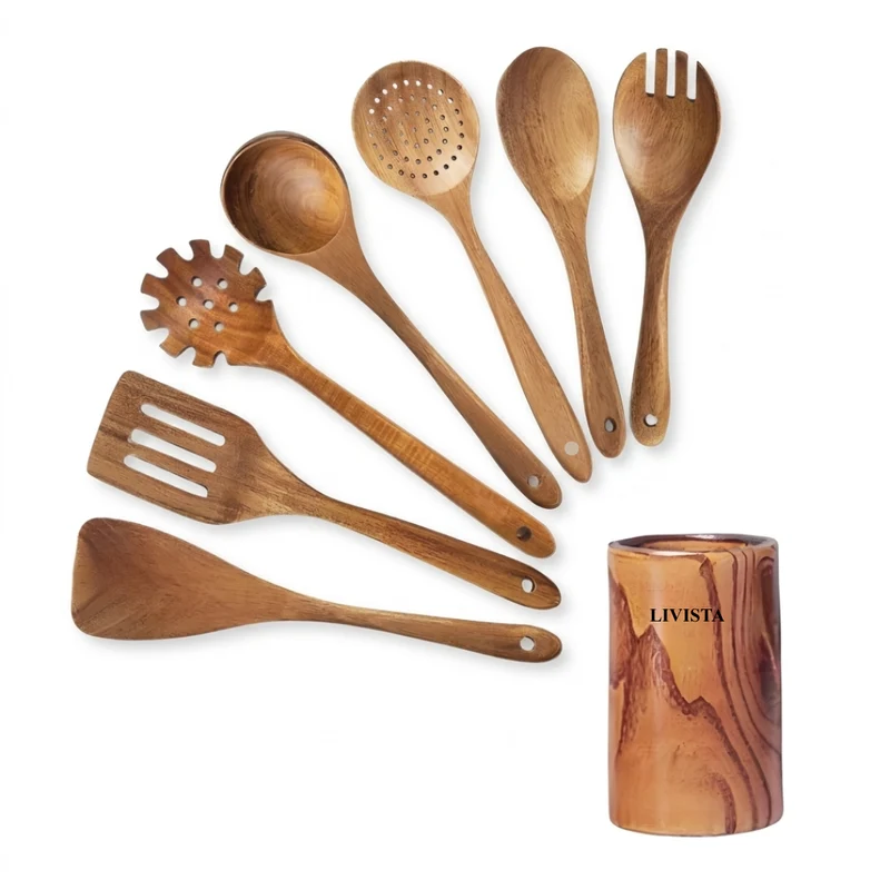 Livista Houten Keukengerei Set - 8-Delig - Met Houten opbergbeker - Acaciahout - Krasvrij & Ophangbaar