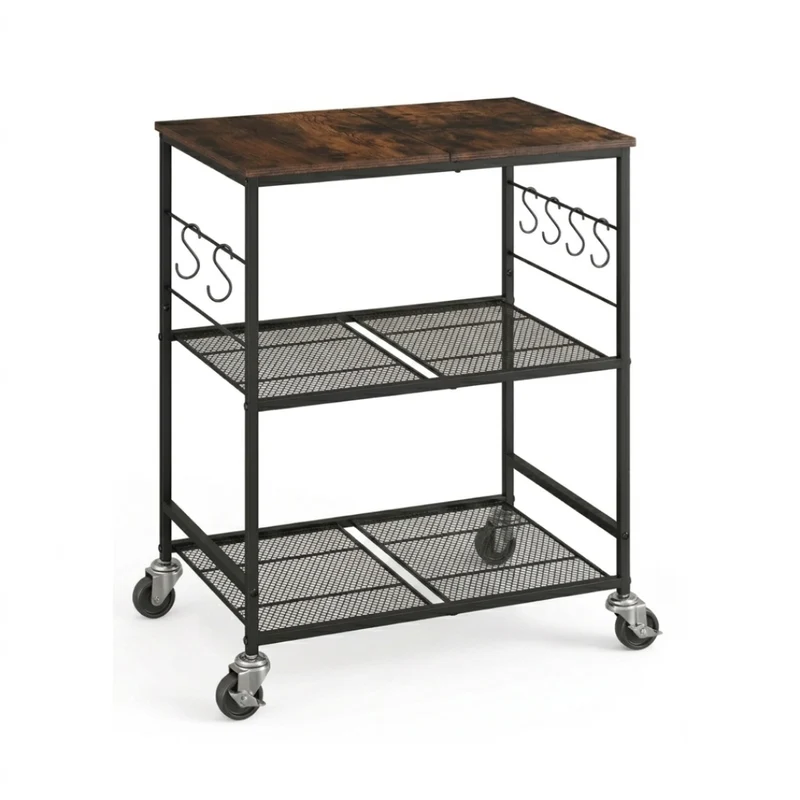 Livista Keukentrolley – Keukenrek met Wielen – 60x40x75cm – Magnetronrek & Keuken Organizer – 3 Laags Opbergrek – Met 6 Haken – Industrieel – Zwart/Hout