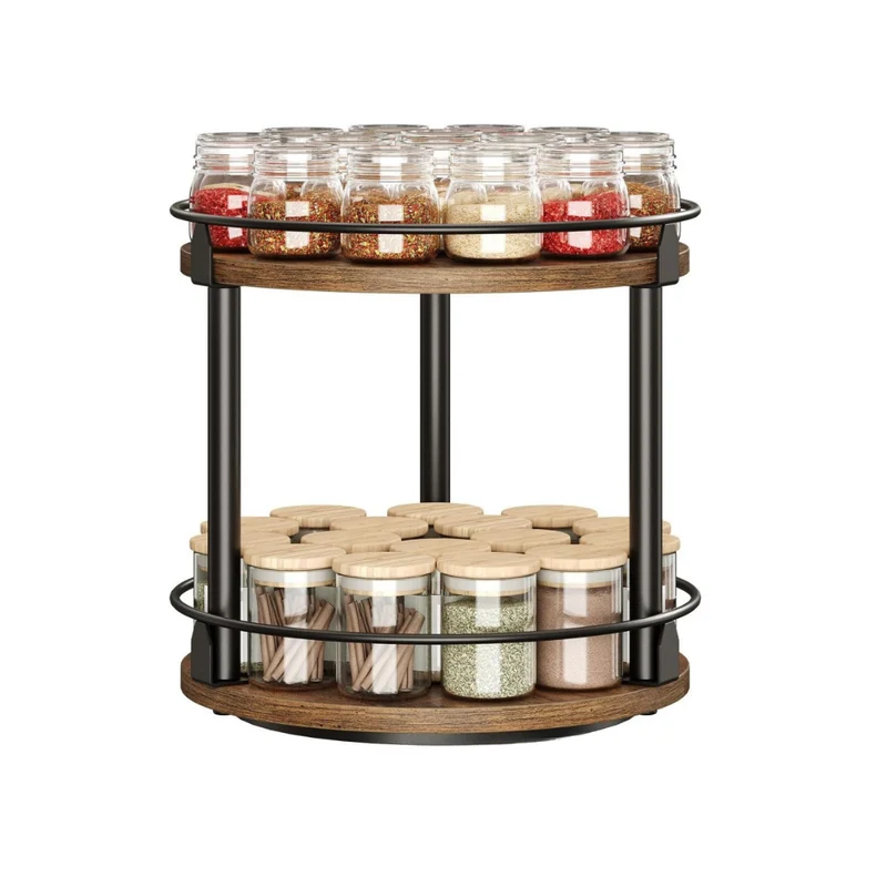 Livista Draaibaar Kruidenrek – 2 Lagen – Kruiden Organizer – Met 360° Rotatie – Keuken Organizer – Zwart/Hout