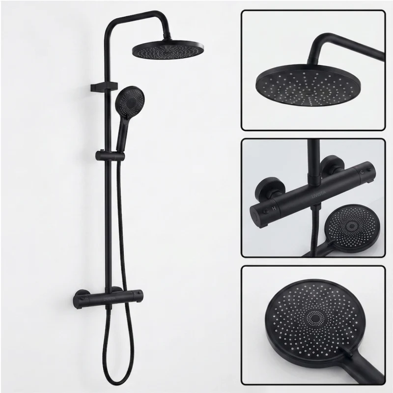 Livista Regendouche Set – Met Thermostaatkraan – Regendouche & Handdouche – 38°C Messing Thermostaatkraan – Douchekolom Wandmontage – Zwart