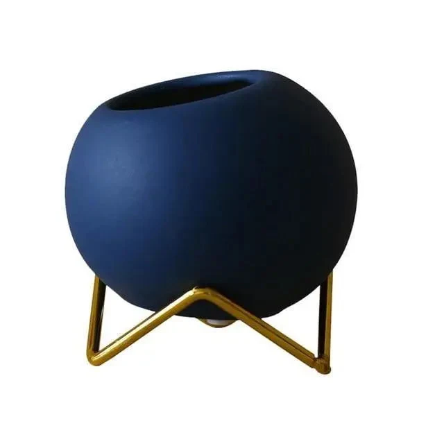 Decoratieve plantenpot keramiek met metalen standaard blauw woonkamer tafel plantenhouder vaasje interieur | Sansoti