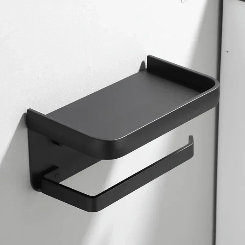 Toiletrolhouder Aluminium Zwart 18.3cm Met Plank Wandmontage Badkamer Telefoonhouder Opbergrek Modern Minimalistisch | Sansoti