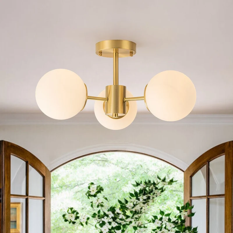 Sputnik Plafondlamp 3 Lichts Messing Opaal Glas 48cm E26 Woonkamer Slaapkamer Eetkamer Entree Mid-Century Bubble Flush Mount Badkamer | Sansoti